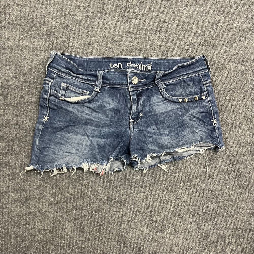 Ten Denim USA Jean Shorts Womens Size 7 Blue Cutoff Studded Angel Wing Low Rise